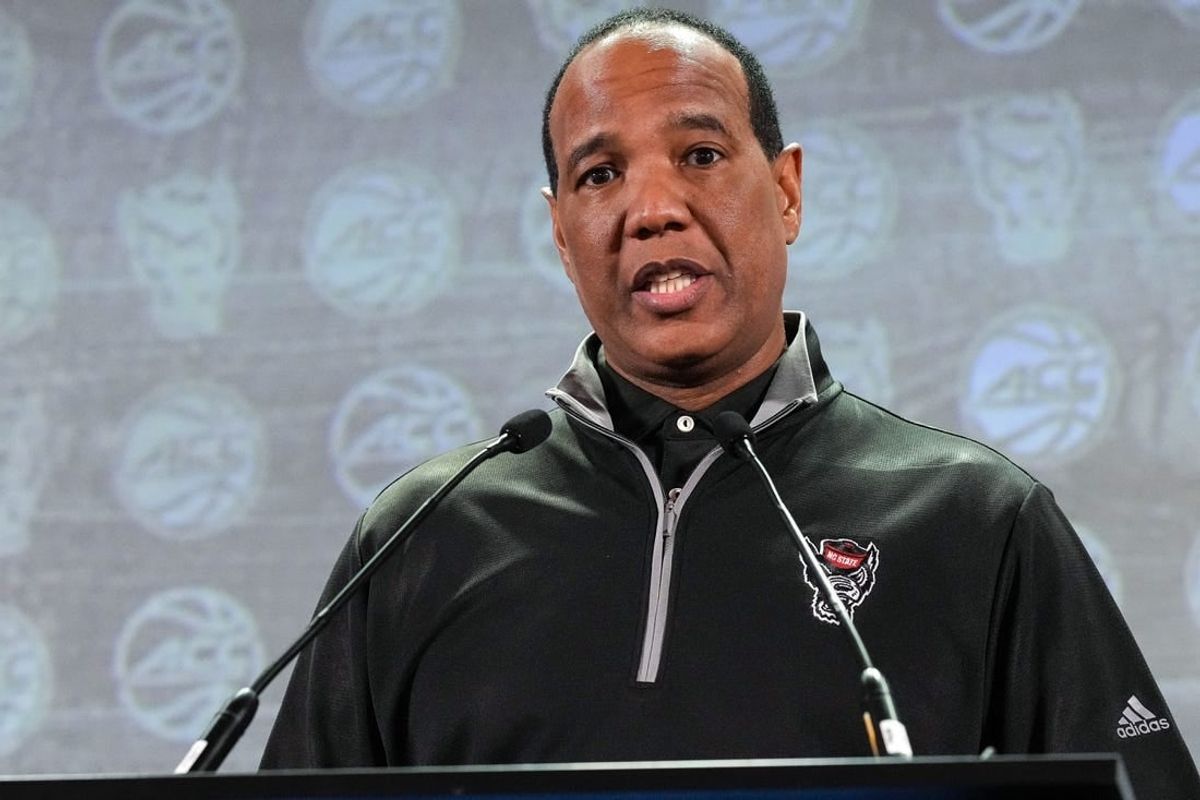 Oct 25, 2023; Charlotte, NC, USA; North Carolina State coach Kevin Keatts  speaks to the media during the ACC Tipoff at Hilton Charlotte Uptown.