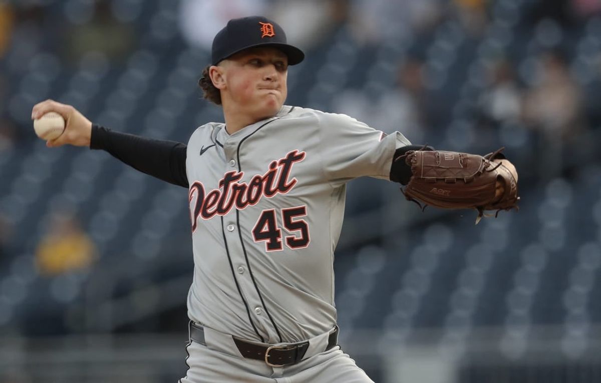Apr 8, 2024; Pittsburgh, Pennsylvania, USA;  Detroit Tigers  starting pitcher Reese Olson (45) delivers a pitch against the Pittsburgh Pirates during the first inning at PNC Park.