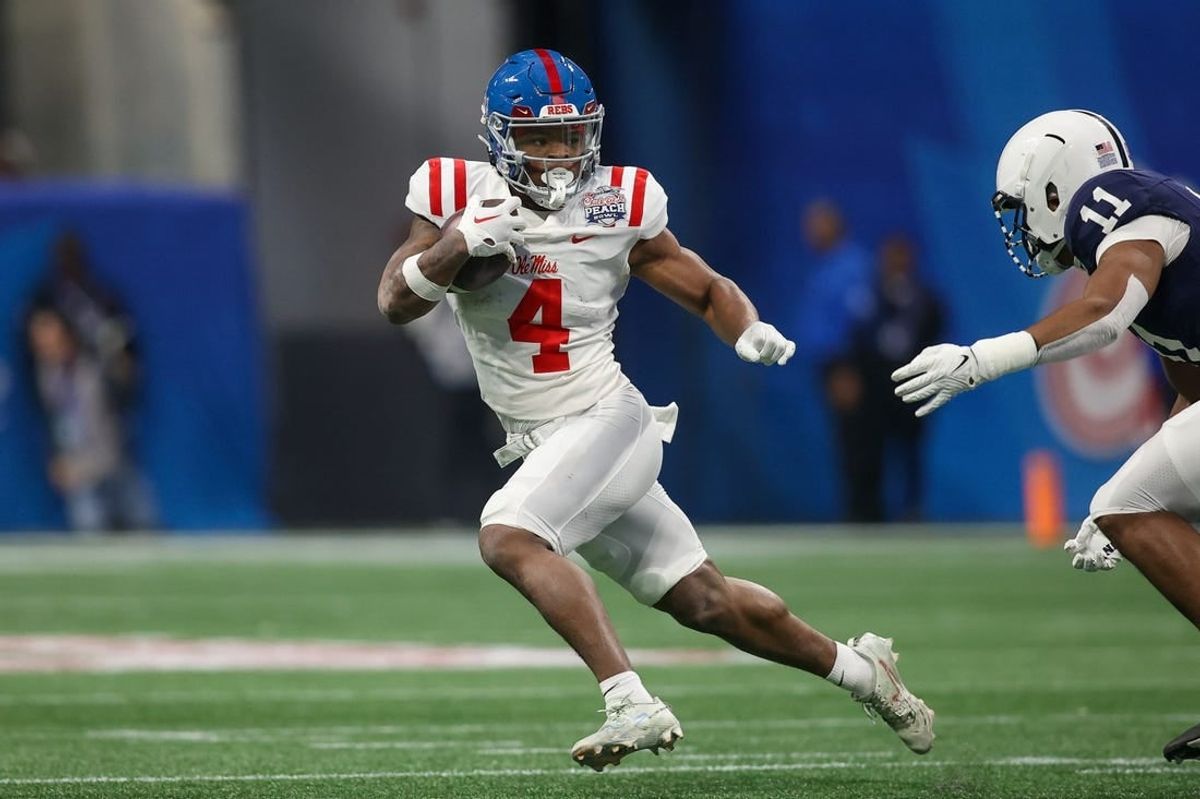 Dec 30, 2023; Atlanta, GA, USA; Mississippi Rebels running back Quinshon Judkins (4) runs the ball against the Penn State Nittany Lions in the first quarter at Mercedes-Benz Stadium.