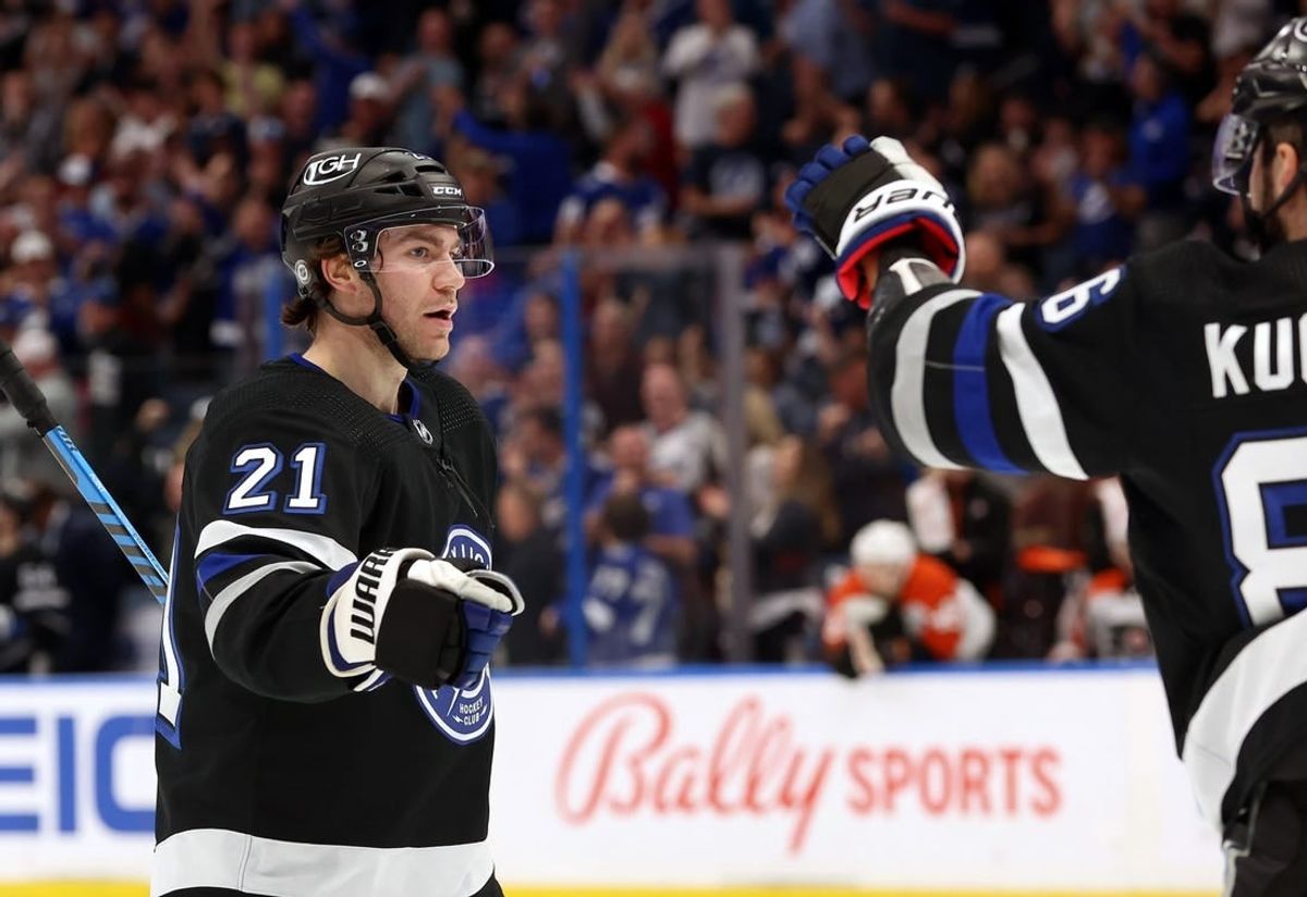 Mar 9, 2024; Tampa, Florida, USA; Tampa Bay Lightning center Brayden Point (21) celebrates after scoring a goal against the Philadelphia Flyers during the first period at Amalie Arena.