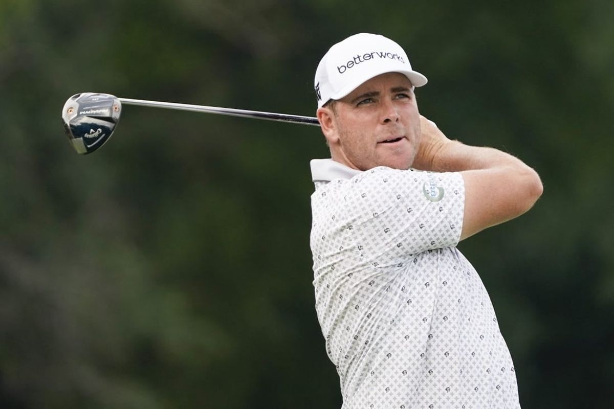 May 12, 2023; McKinney, Texas, USA; Luke List plays his shot from the ninth tee during the second round of the AT&T Byron Nelson golf tournament.
