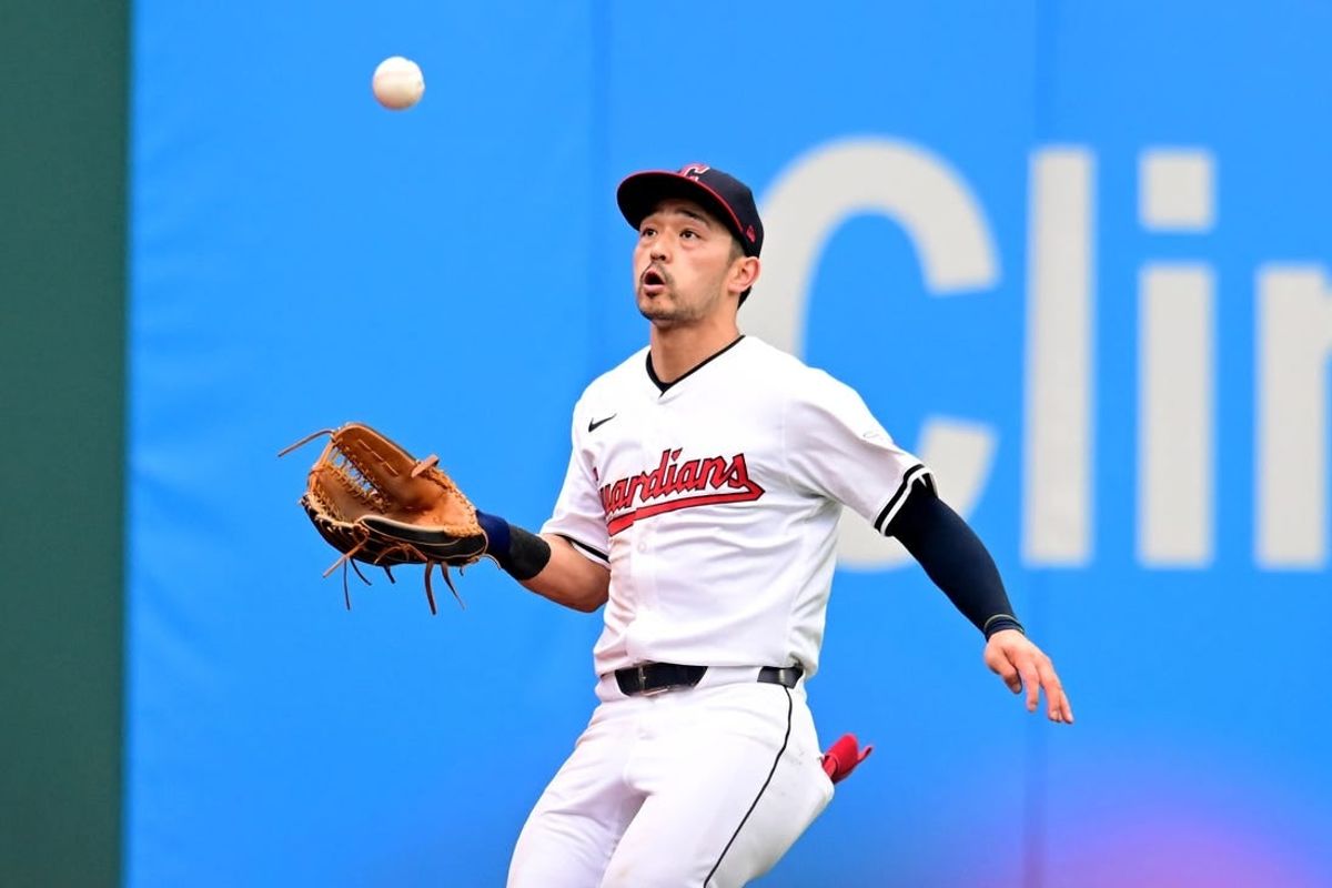May 4, 2024; Cleveland, Ohio, USA; Cleveland Guardians left fielder Steven Kwan (38) catches a ball hit by Los Angeles Angels center fielder Mickey Moniak (not pictured) during the third inning at Progressive Field.