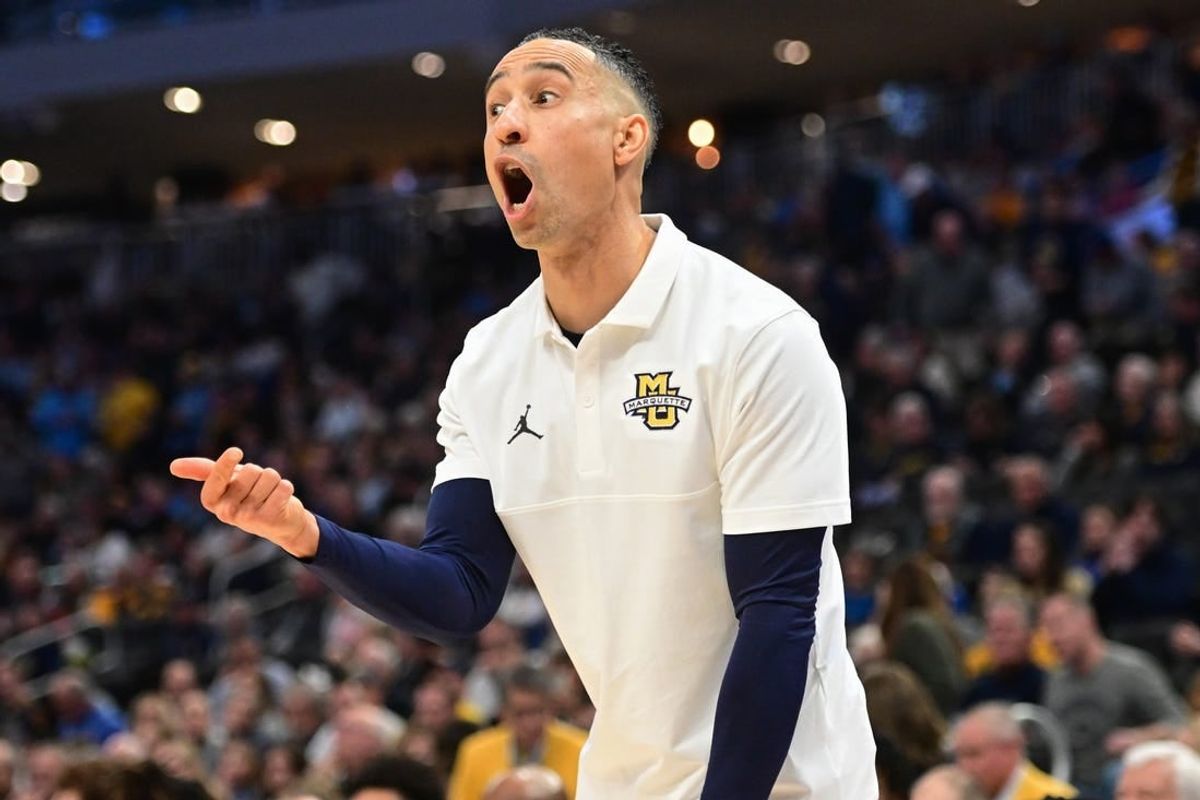 Jan 15, 2024; Milwaukee, Wisconsin, USA; Marquette Golden Eagles head coach Shaka Smart reacts in the second half against the Villanova Wildcats at Fiserv Forum.