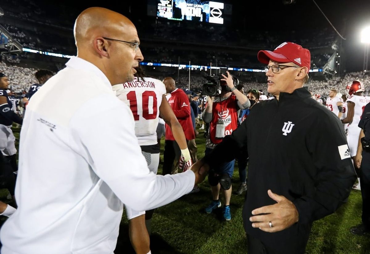 Former Indiana Hoosiers head coach Tom Allen is reportedly joining Penn State Nittany Lions head coach James Franklin (left) as defensive coordinator Penn State won 24-0.