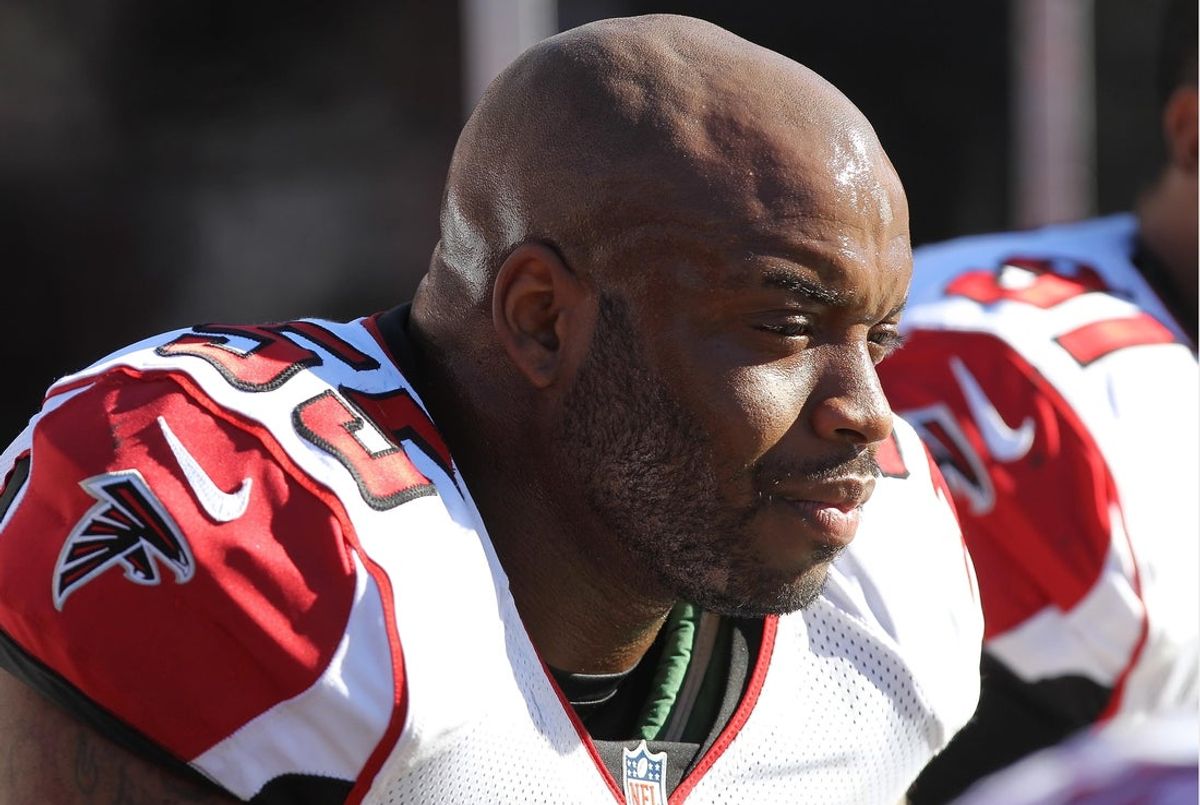 November 25, 2012; Tampa, FL, USA; Atlanta Falcons defensive end John Abraham (55) during the second half against the Tampa Bay Buccaneers at Raymond James Stadium. Atlanta Falcons defeated the Tampa Bay Buccaneers 24-23. Mandatory Credit: Kim Klement-Imagn Images