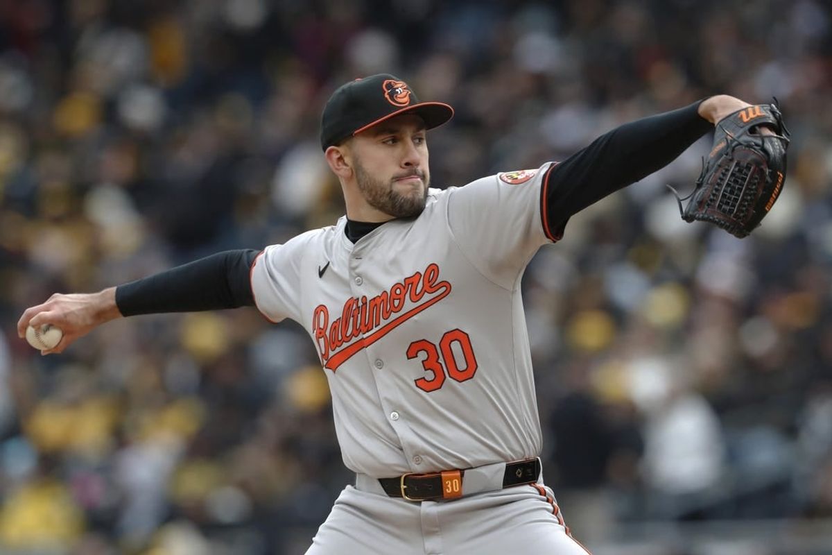 Apr 5, 2024; Pittsburgh, Pennsylvania, USA;  Baltimore Orioles starting pitcher Grayson Rodriguez (30) delivers a pitch against the Pittsburgh Pirates during the first inning at PNC Park.
