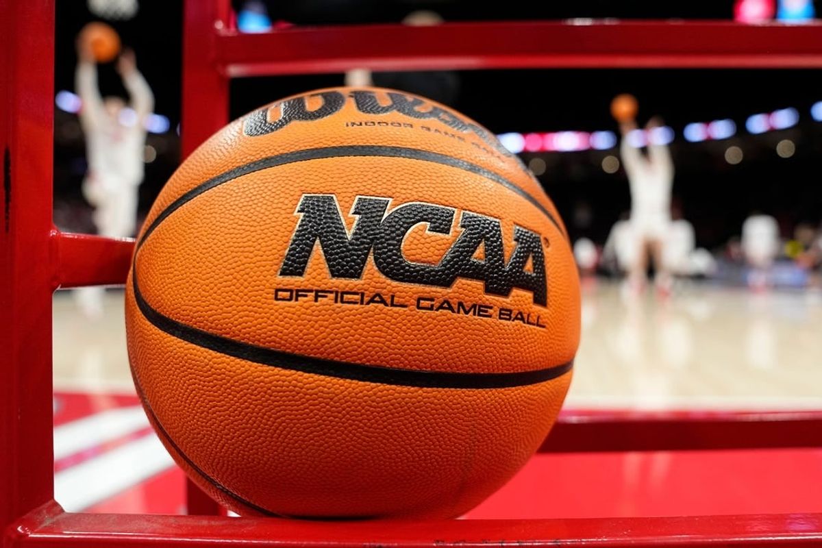 Mar 19, 2024; Columbus, OH, USA; A Wilson NCAA basketball sits in the rack as the Ohio State Buckeyes and Cornell Big Red warm up prior to the NIT basketball game at Value City Arena.