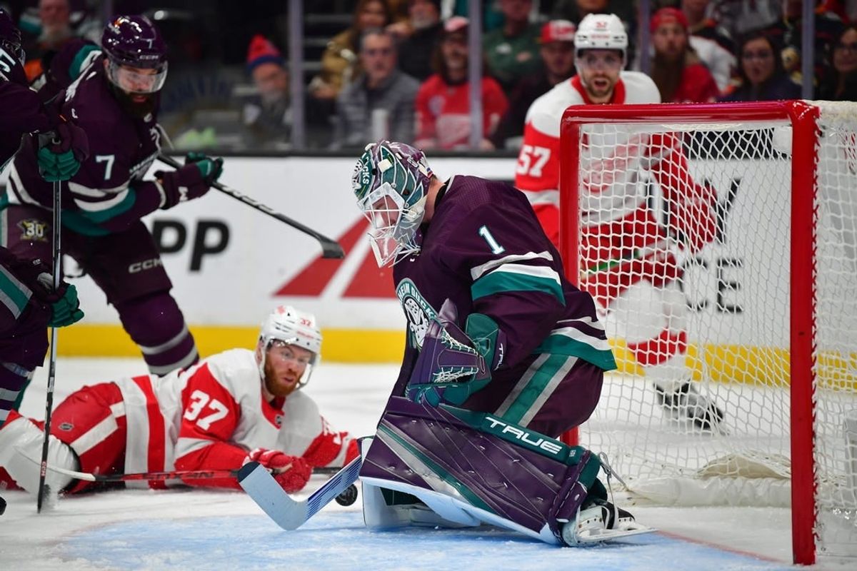 Jan 7, 2024; Anaheim, California, USA; Anaheim Ducks goaltender Lukas Dostal (1) blocks a shot against the Detroit Red Wings during the first period at Honda Center.