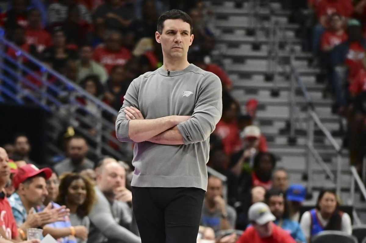 Apr 27, 2024; New Orleans, Louisiana, USA; Oklahoma City Thunder Coach head coach Mark Daigneault stands on the court during game three of the first round for the 2024 NBA playoffs against the New Orleans Pelicans at Smoothie King Center.