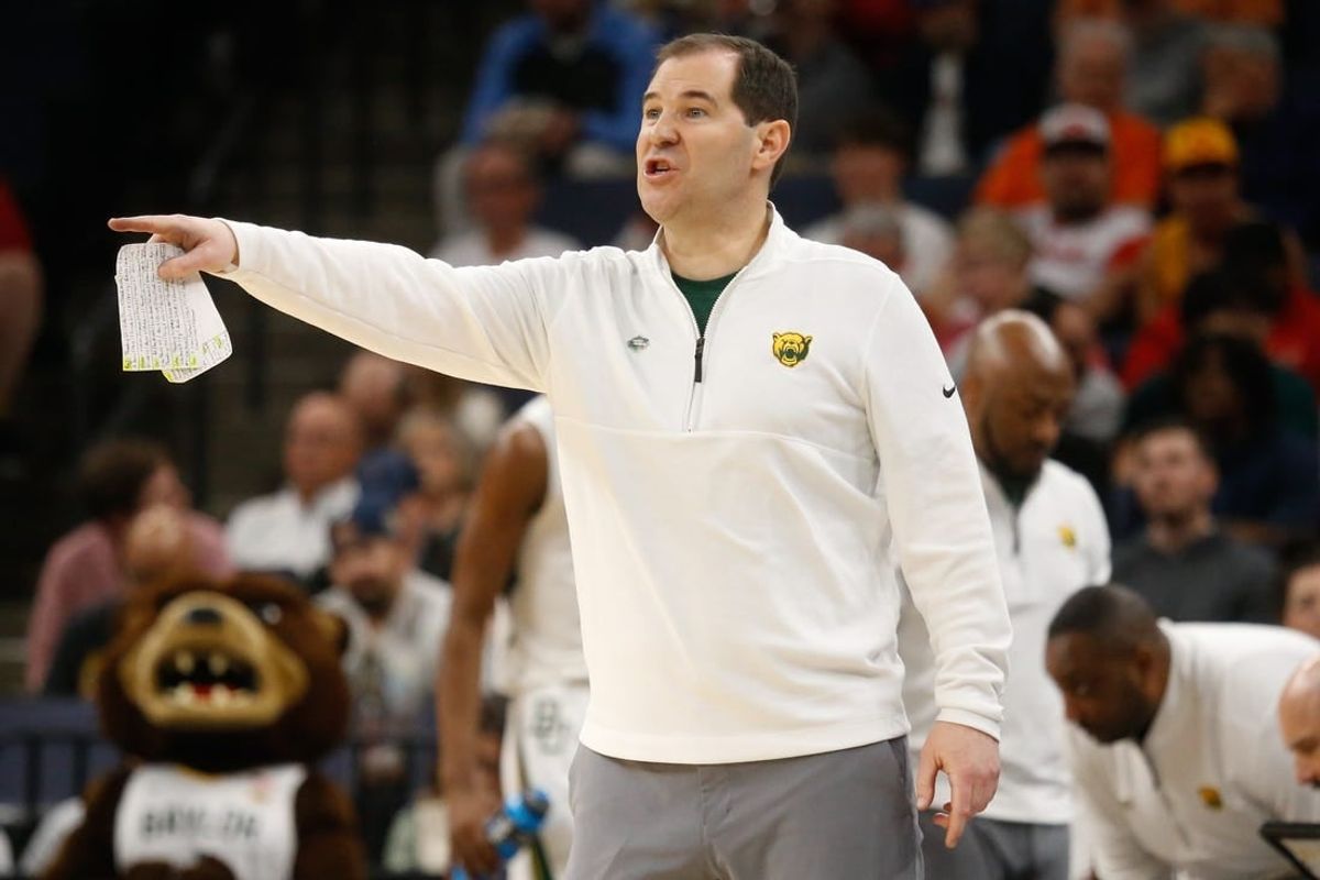 Mar 22, 2024; Memphis, TN, USA; Baylor Bears head coach Scott Drew gestures during the second half against the Colgate Raiders of the NCAA Tournament First Round at FedExForum.