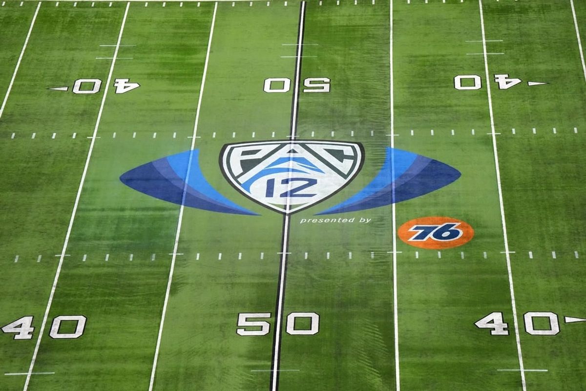 Dec 1, 2023; Las Vegas, NV, USA; The Pac-12 Conference logo at midfield at Allegiant Stadium.