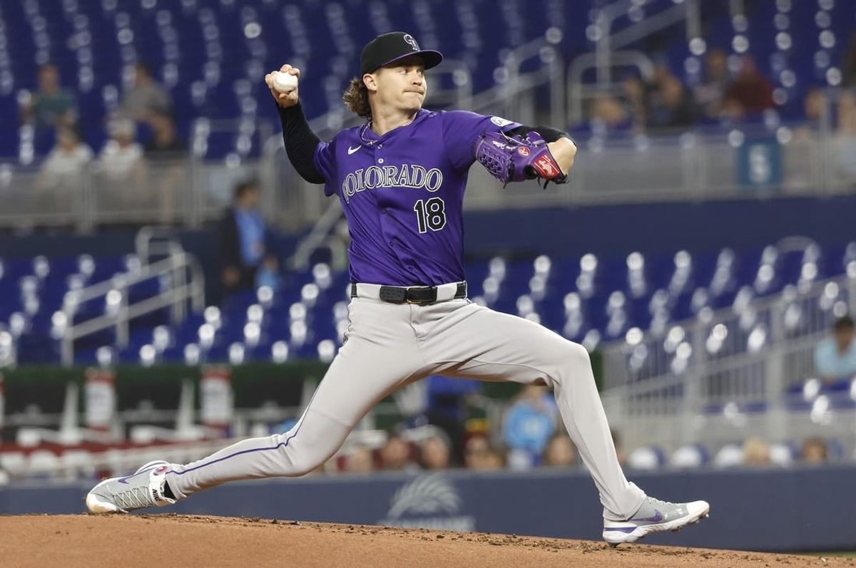 Apr 30, 2024; Miami, Florida, USA;  Colorado Rockies pitcher Ryan Feltner (18) delivers a pitch against the Miami Marlins in the first inning at loanDepot Park.