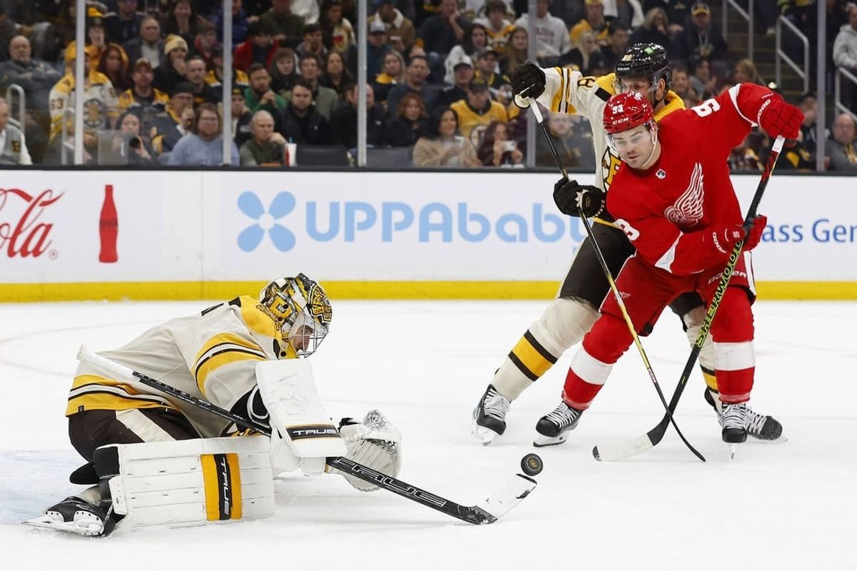 Nov 24, 2023; Boston, Massachusetts, USA; Detroit Red Wings right wing Alex DeBrincat (93) goes for a rebound in front of Boston Bruins goaltender Jeremy Swayman (1) during the second period at TD Garden.