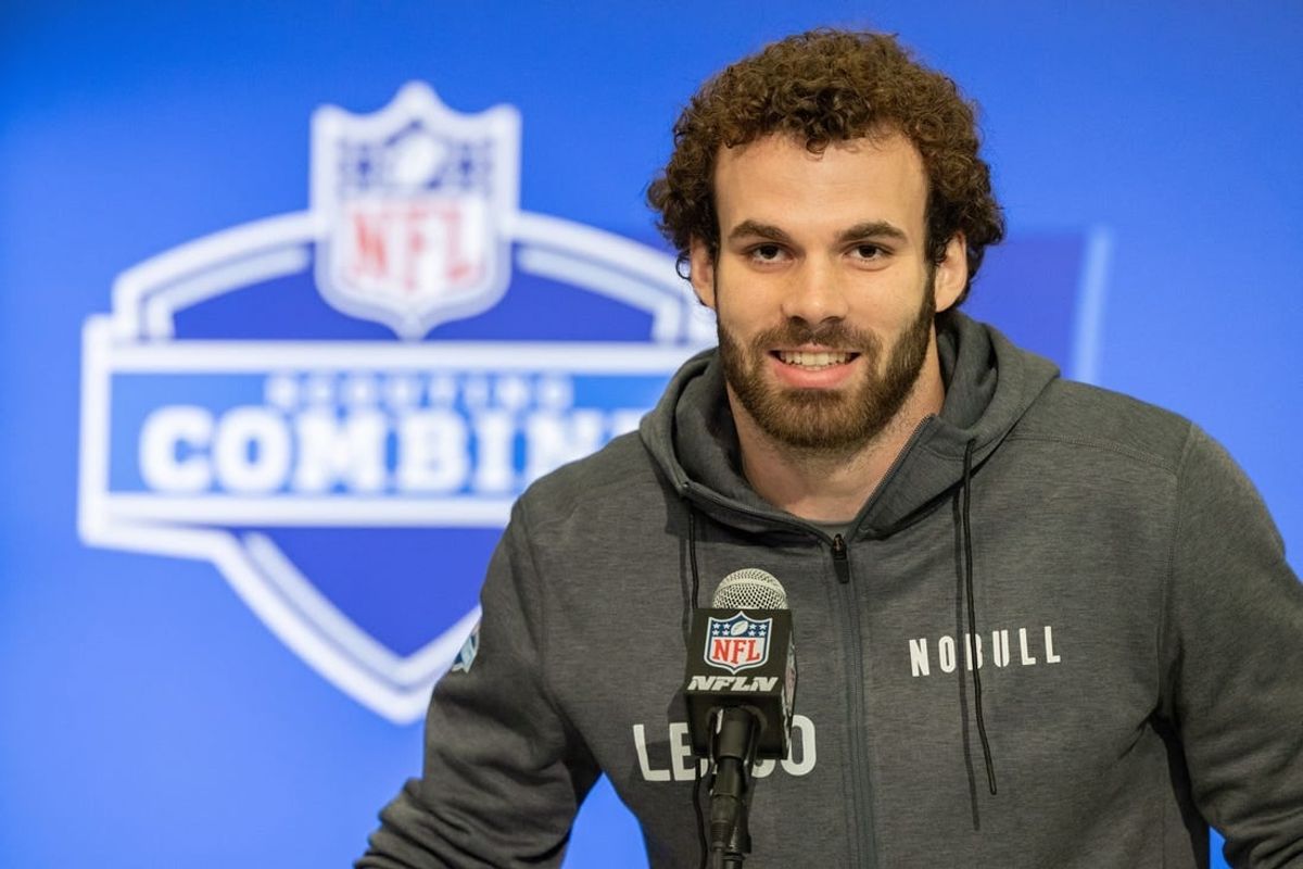Feb 28, 2024; Indianapolis, IN, USA; North Carolina State linebacker Payton Wilson (LB30) talks to the media at the 2024 NFL Combine at Indiana Convention Center.