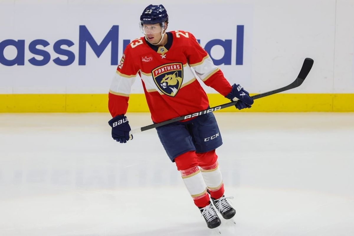 Apr 21, 2024; Sunrise, Florida, USA; Florida Panthers center Carter Verhaeghe (23) looks on after scoring against the Tampa Bay Lightning during the third period in game one of the first round of the 2024 Stanley Cup Playoffs at Amerant Bank Arena.