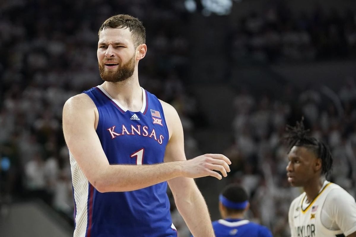 Mar 2, 2024; Waco, Texas, USA; Kansas Jayhawks center Hunter Dickinson (1) reacts to a foul call during the second half against the Baylor Bears at Paul and Alejandra Foster Pavilion.