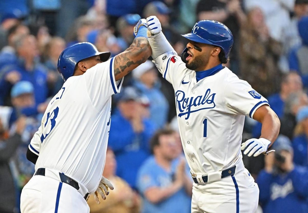 Apr 6, 2024; Kansas City, Missouri, USA; Kansas City Royals left fielder MJ Melendez (1) celebrates with teammate Salvador Perez (13) after hitting a two-run home run in the seventh inning against the Chicago White Sox at Kauffman Stadium.