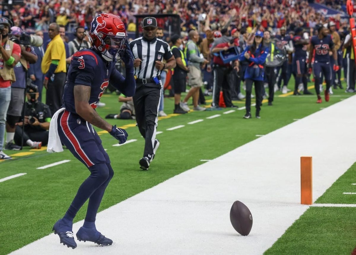 Nov 19, 2023; Houston, Texas, USA;  Houston Texans wide receiver Tank Dell (3) celebrates his touchdown against the Arizona Cardinals in the second quarter at NRG Stadium.
