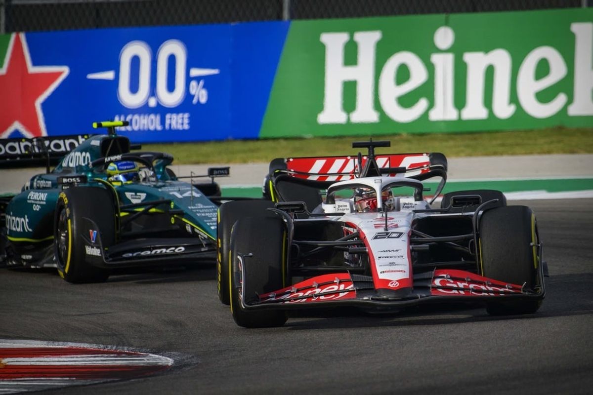 Oct 21, 2023; Austin, Texas, USA; Moneygram Haas F1 driver Kevin Magnussen (20) of Team Denmark drives during the Sprint Race of the 2023 United States Grand Prix at Circuit of the Americas.