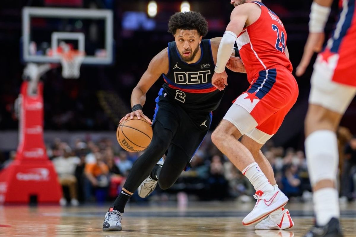 Mar 29, 2024; Washington, District of Columbia, USA; Detroit Pistons guard Cade Cunningham (2) drives to the basket against Washington Wizards forward Corey Kispert (24) during the third quarter at Capital One Arena.