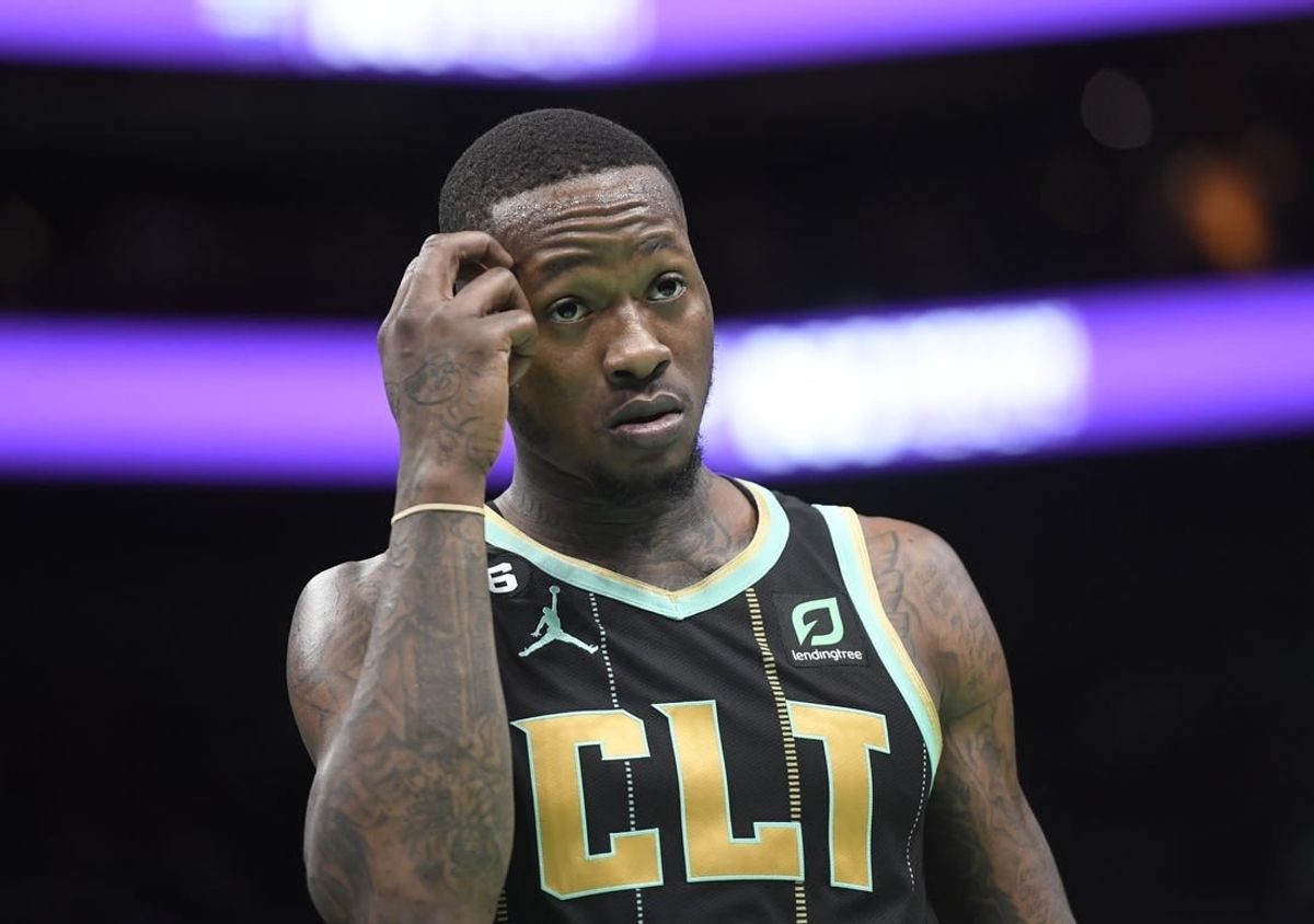 Jan 26, 2023; Charlotte, North Carolina, USA; Charlotte Hornets guard Terry Rozier (3) reacts after being called on a foul during the second half against the Chicago Bulls at the Spectrum Center.