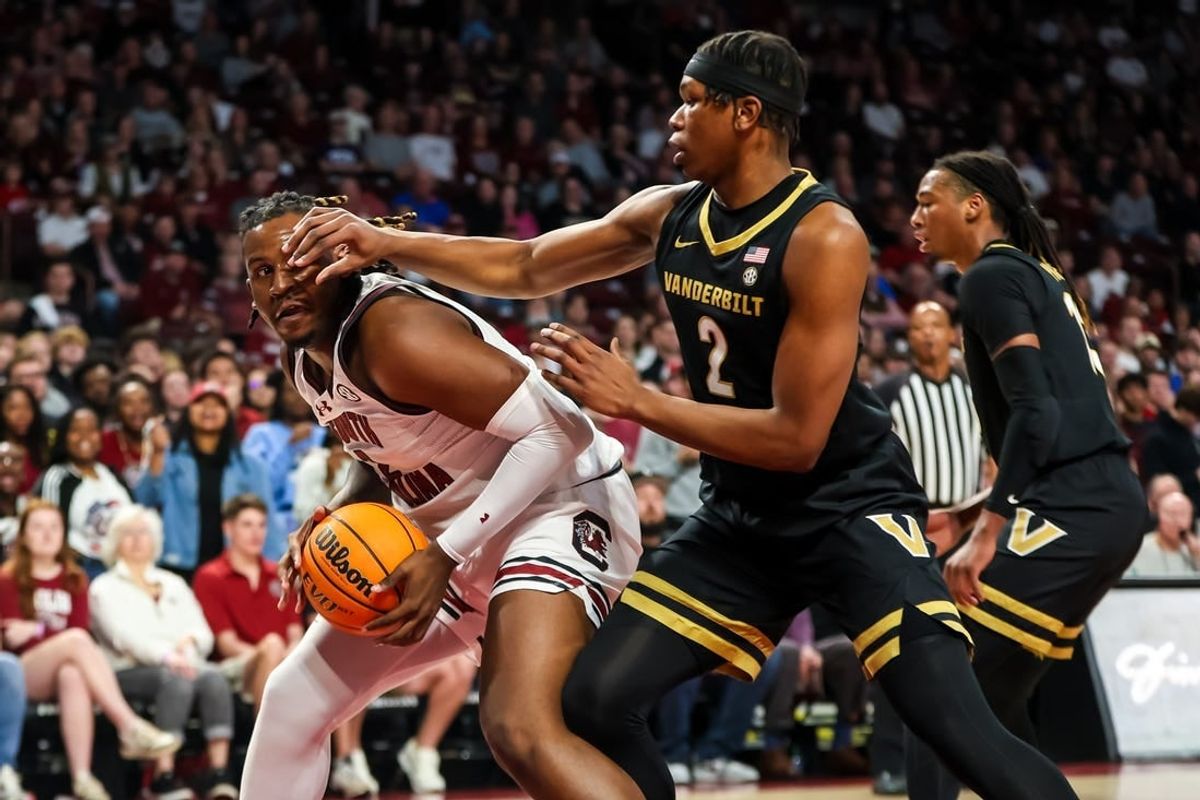 Feb 10, 2024; Columbia, South Carolina, USA; South Carolina Gamecocks forward B.J. Mack (2) looks to get around Vanderbilt Commodores forward Ven-Allen Lubin (2) in the first half at Colonial Life Arena.