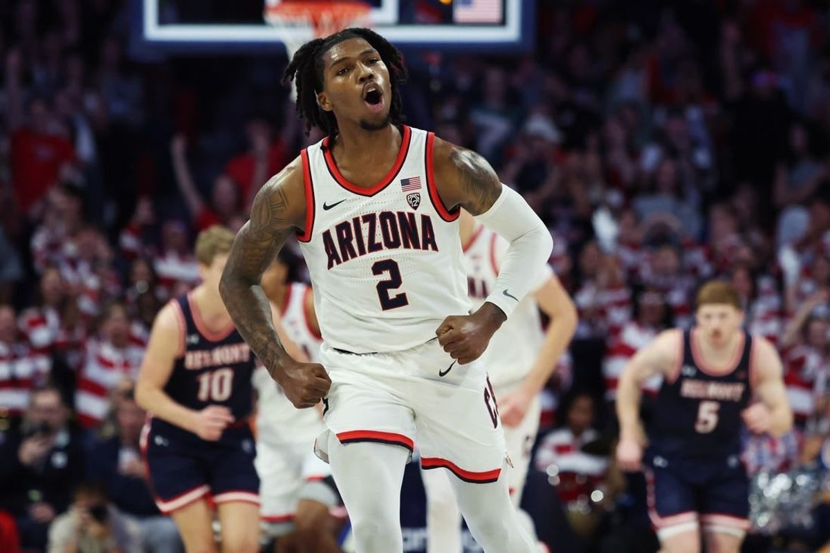 Nov 17, 2023; Tucson, Arizona, USA; Arizona Wildcats guard Caleb Love (2) celebrates a basket against the Belmont Bruins during the first half at McKale Center.