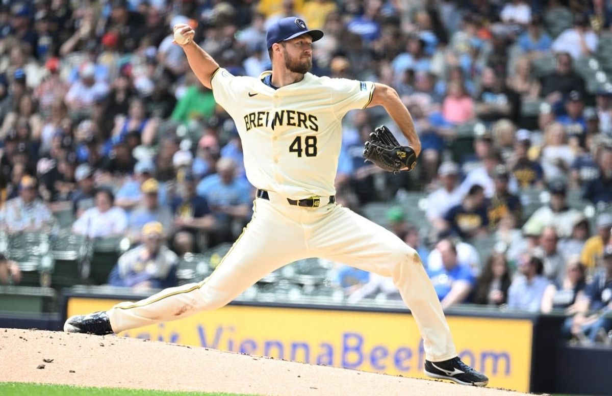 May 1, 2024; Milwaukee, Wisconsin, USA; Milwaukee Brewers starting pitcher Colin Rea (48) delivers a pitch against the Tampa Bay Rays in the third inning at American Family Field.