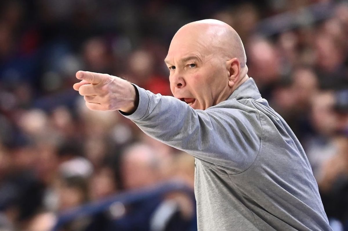Feb 25, 2023; Spokane, Washington, USA; St. Mary's Gaels head coach Randy Bennett looks on against the Gonzaga Bulldogs in the first half at McCarthey Athletic Center.