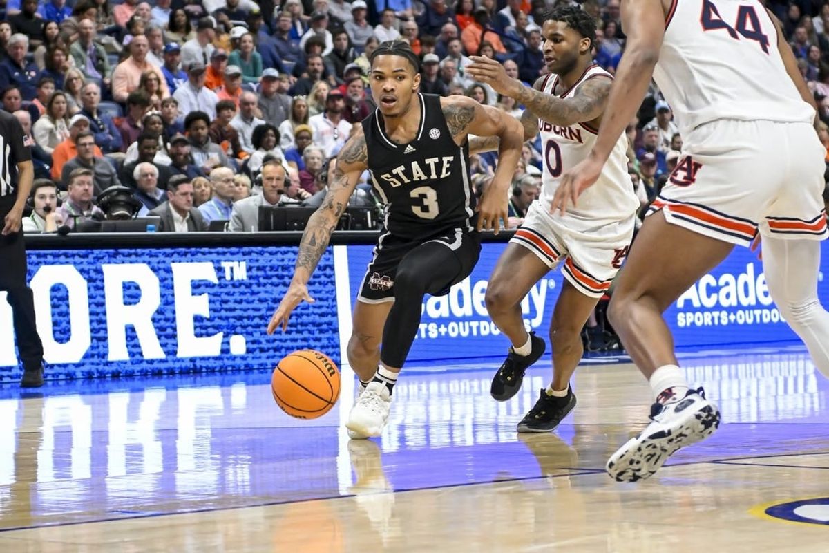 Mar 16, 2024; Nashville, TN, USA;  Mississippi State Bulldogs guard Shakeel Moore (3) controls the ball against the Auburn Tigers during the first half at Bridgestone Arena.