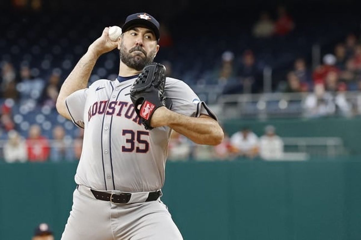 Apr 19, 2024; Washington, District of Columbia, USA; Houston Astros starting pitcher Justin Verlander (35) pitches against the Washington Nationals during the first inning at Nationals Park.