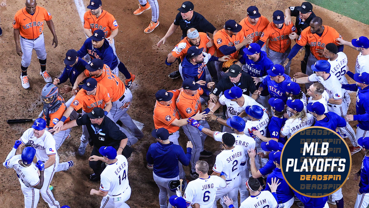 Los Rangers y los Astros se reúnen en el plato de home para tener una discusión racional sobre Bryan Abreu siendo Adolis García.