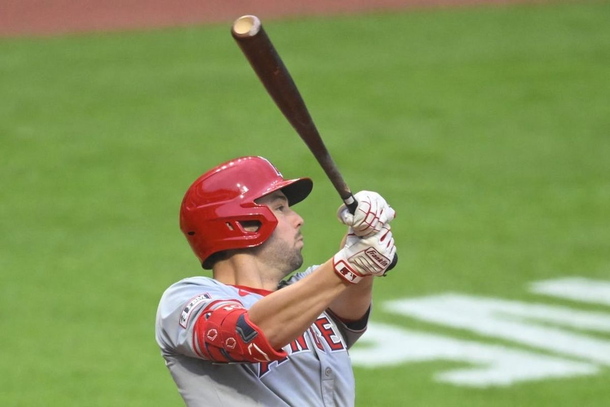 May 3, 2024; Cleveland, Ohio, USA; Los Angeles Angels first baseman Nolan Schanuel (18) hits a solo home run in the third inning against the Cleveland Guardians  at Progressive Field.