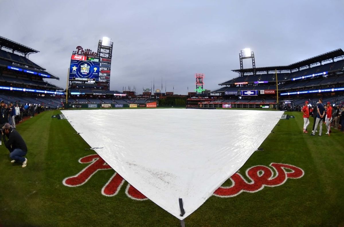 Oct 31, 2022; Philadelphia, PA, USA; The rain tarp is on the field at Citizens Bank Park.
