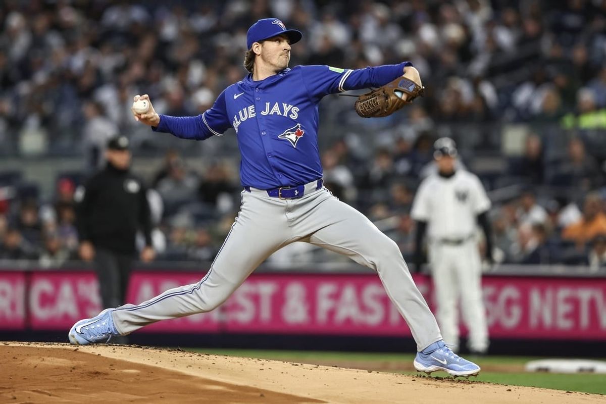 Apr 6, 2024; Bronx, New York, USA; Toronto Blue Jays starting pitcher Kevin Gausman (34) delivers a pitch in the first inning against the New York Yankees at Yankee Stadium.