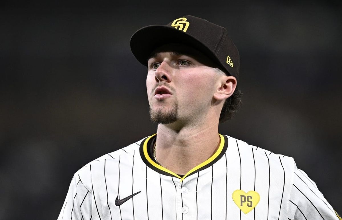 Apr 9, 2024; San Diego, California, USA; San Diego Padres center fielder Jackson Merrill (3) looks on during the ninth inning against the Chicago Cubs at Petco Park.