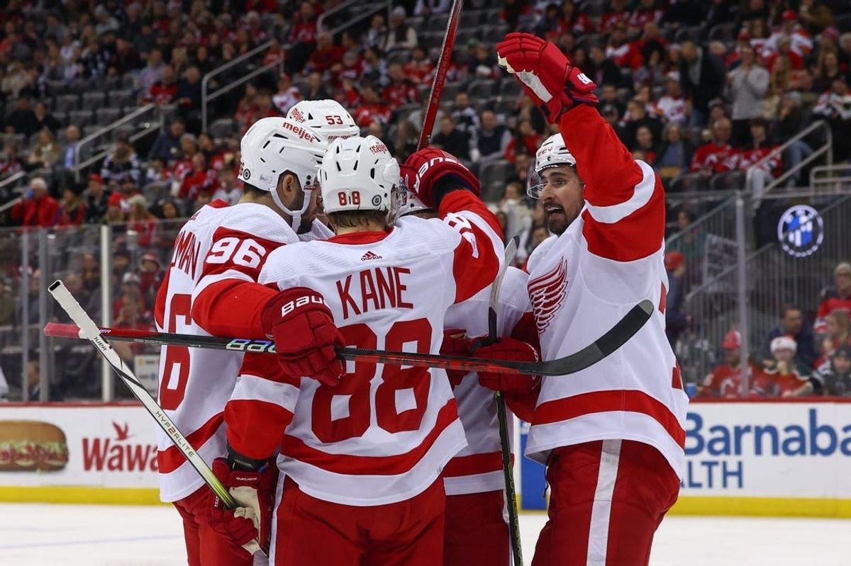 Dec 23, 2023; Newark, New Jersey, USA; Detroit Red Wings right wing Patrick Kane (88) celebrates his goal against the New Jersey Devils during the first period at Prudential Center.