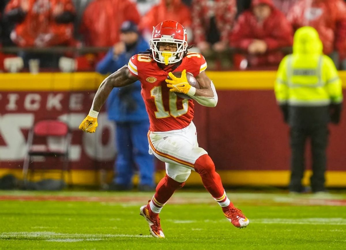 Nov 20, 2023; Kansas City, Missouri, USA; Kansas City Chiefs running back Isiah Pacheco (10) runs the ball during the second half against the Philadelphia Eagles at GEHA Field at Arrowhead Stadium.