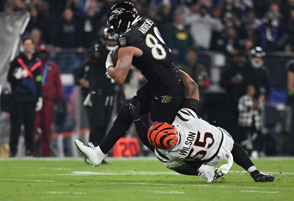 Nov 16, 2023; Baltimore, Maryland, USA; Baltimore Ravens tight end Mark Andrews (89) runs after a catch during the first quarter against Cincinnati Bengals linebacker Logan Wilson (55) at M&T Bank Stadium.