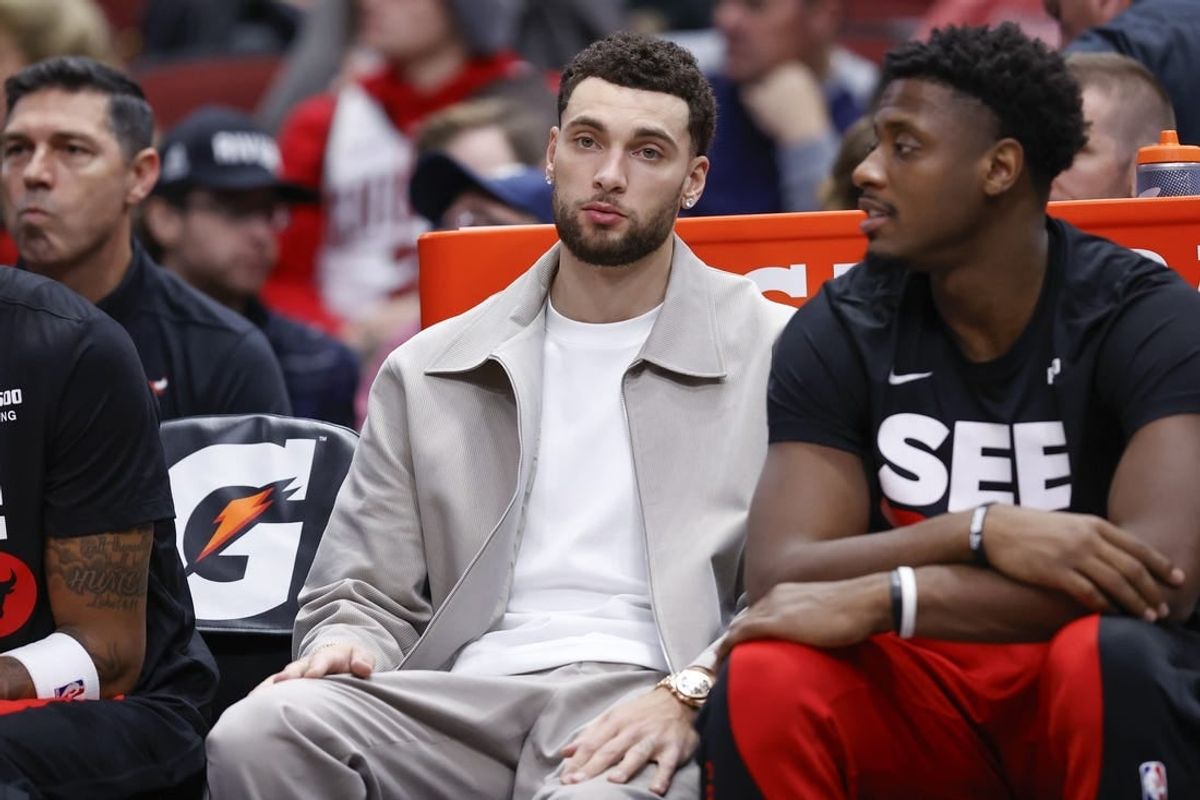 Dec 2, 2023; Chicago, Illinois, USA; Injured Chicago Bulls guard Zach LaVine (8) sits on the bench during the second half at United Center.