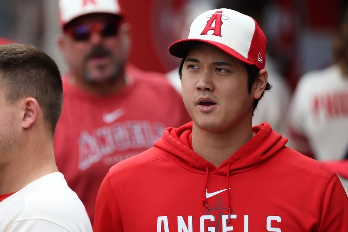 Sep 17, 2023; Anaheim, California, USA;  Los Angeles Angels two-way player Shohei Ohtani (17) in the dugout during the MLB game against the Detroit Tigers at Angel Stadium.