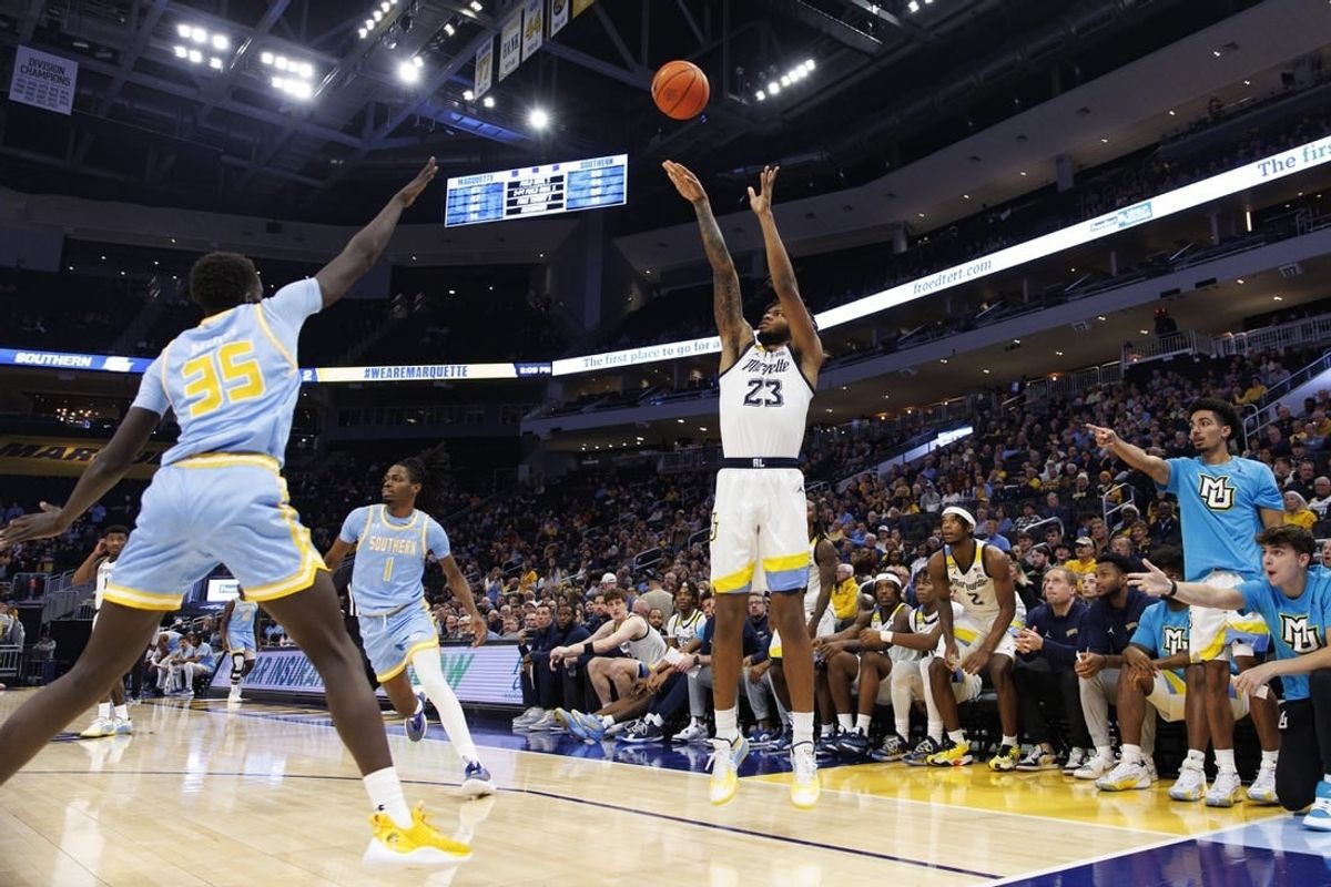 Nov 28, 2023; Milwaukee, Wisconsin, USA;  Marquette Golden Eagles forward David Joplin (23) shoots during the second half against the Southern Jaguars at Fiserv Forum.