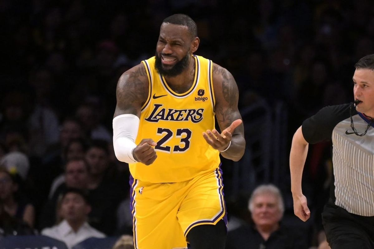 Feb 13, 2024; Los Angeles, California, USA;  Los Angeles Lakers forward LeBron James (23) reacts after not getting a foul call in the second half against the Detroit Pistons at Crypto.com Arena.