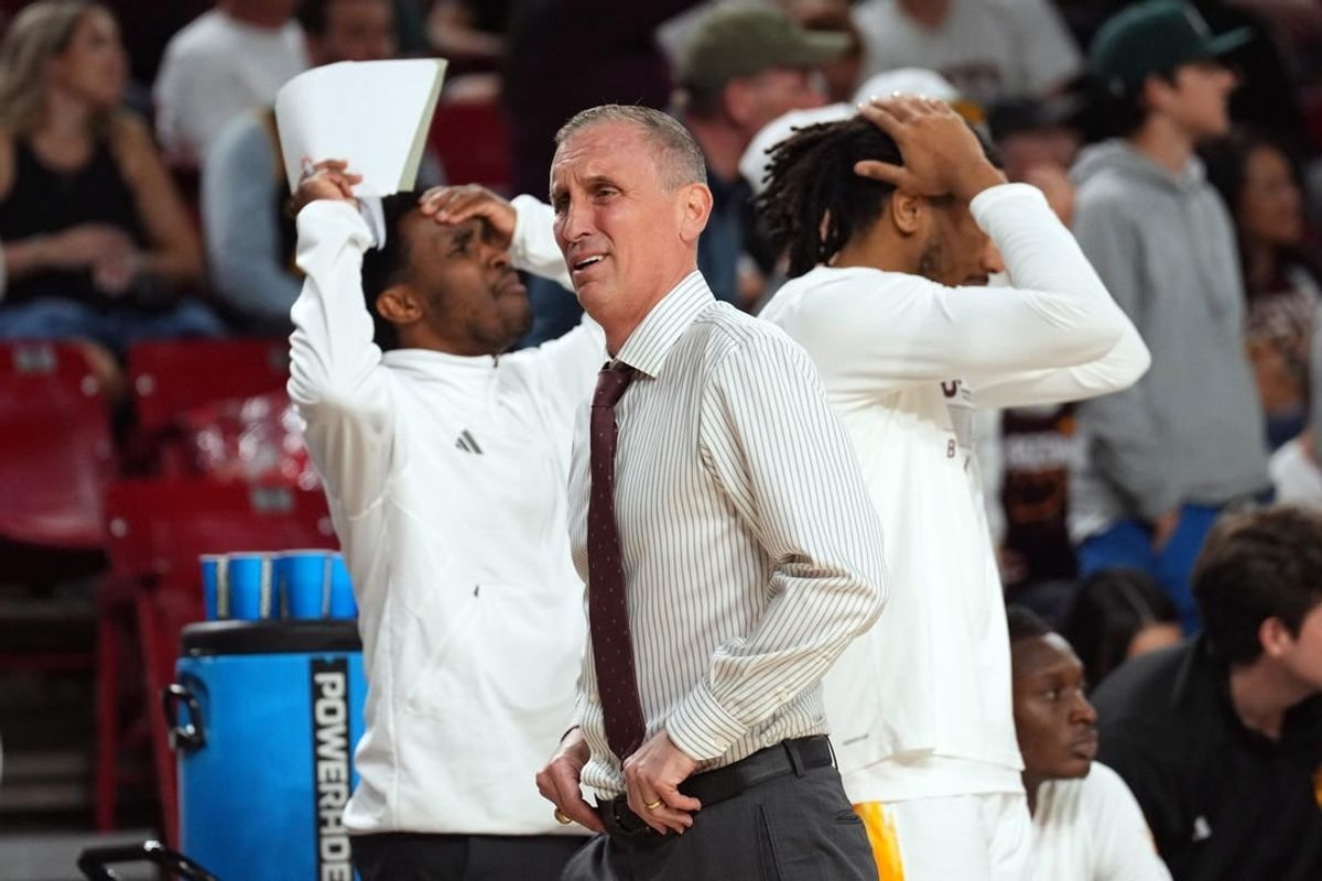 Feb 24, 2024; Tempe, Arizona, USA; Arizona State Sun Devils head coach Bobby Hurley reacts against the Washington State Cougars during the second half at Desert Financial Arena.