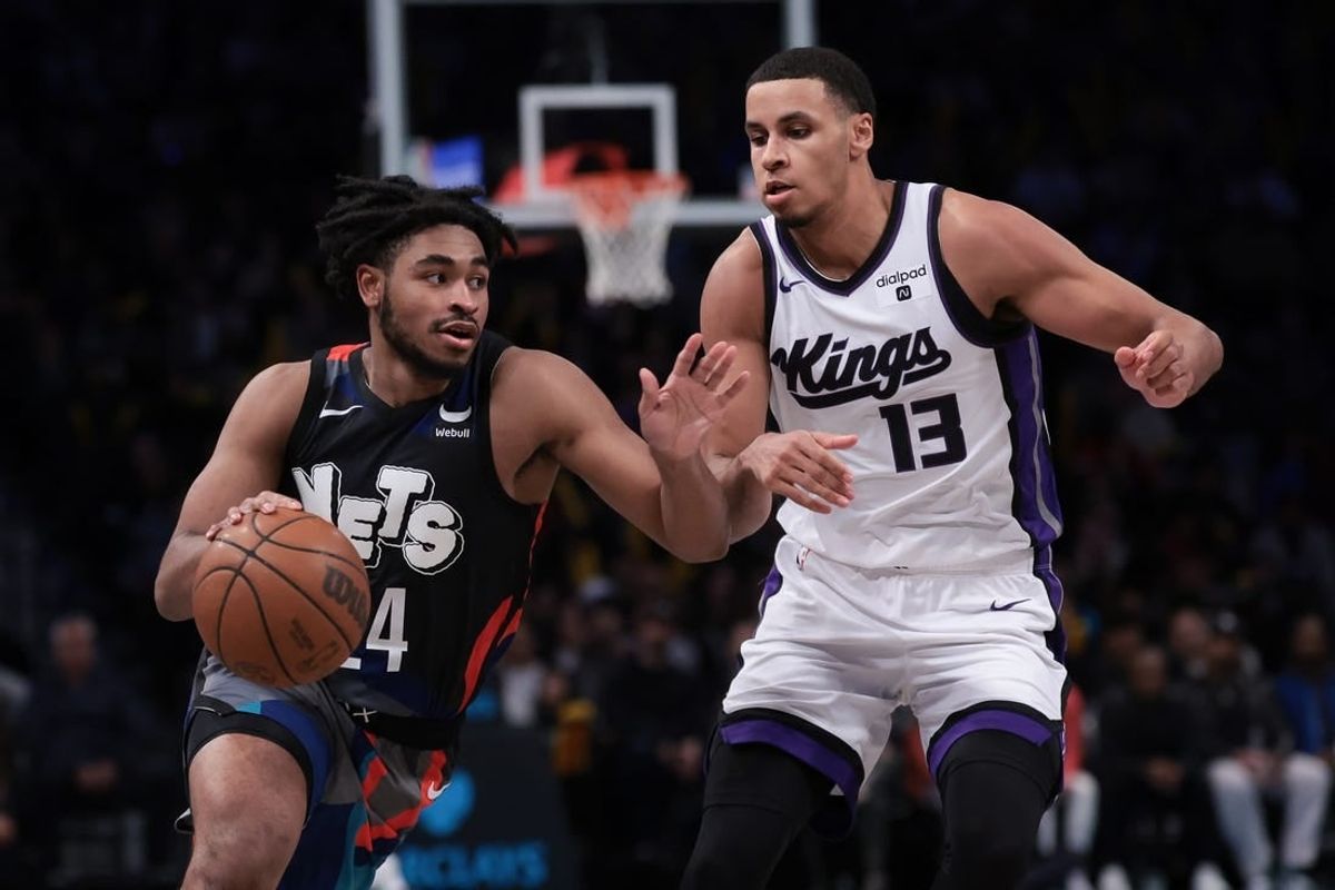 Apr 7, 2024; Brooklyn, New York, USA; Brooklyn Nets guard Cam Thomas (24) dribbles against Sacramento Kings forward Keegan Murray (13) during the second half at Barclays Center.