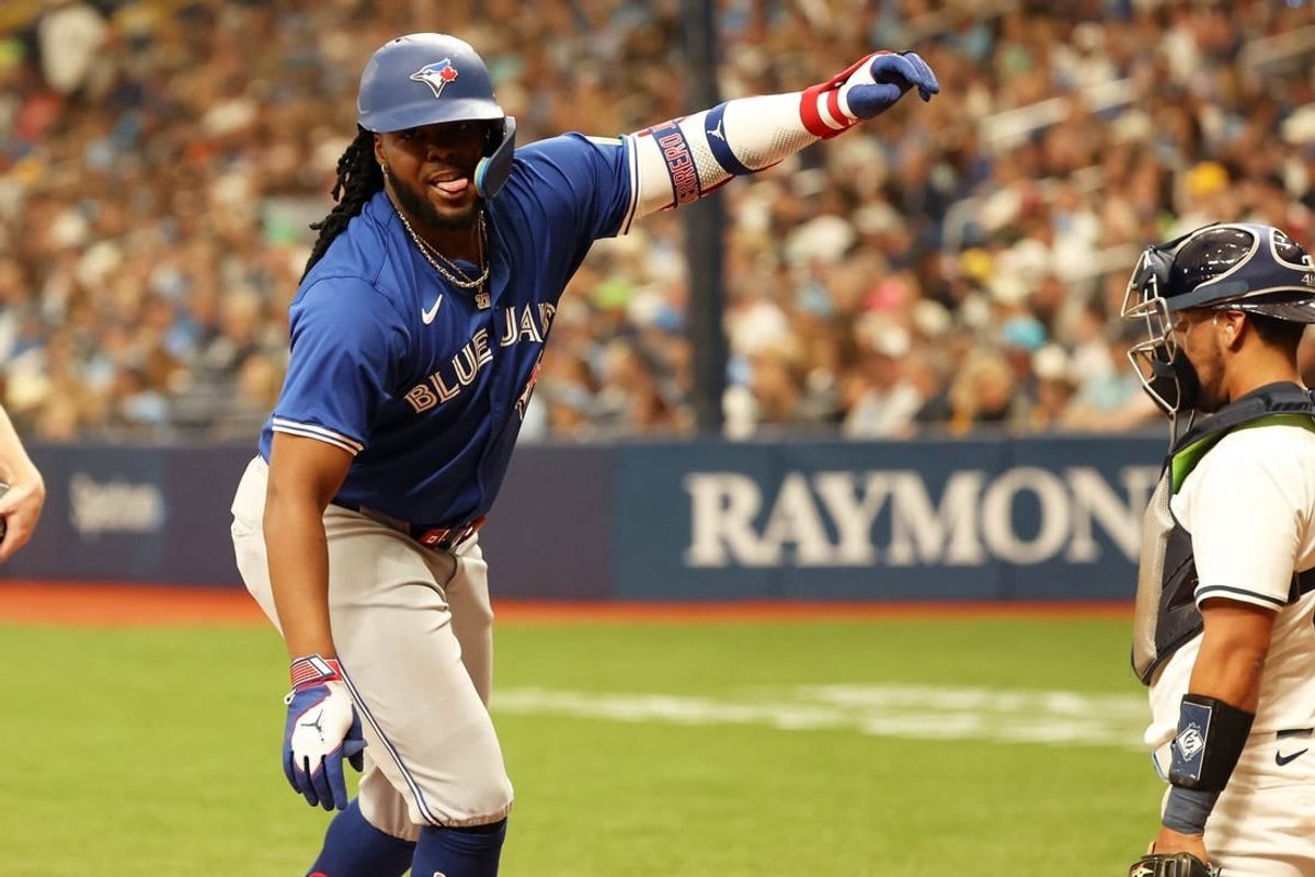 Mar 28, 2024; St. Petersburg, Florida, USA;Toronto Blue Jays first baseman Vladimir Guerrero Jr. (27) celebrates after he this a home run during the sixth inning against the Tampa Bay Rays  at Tropicana Field.