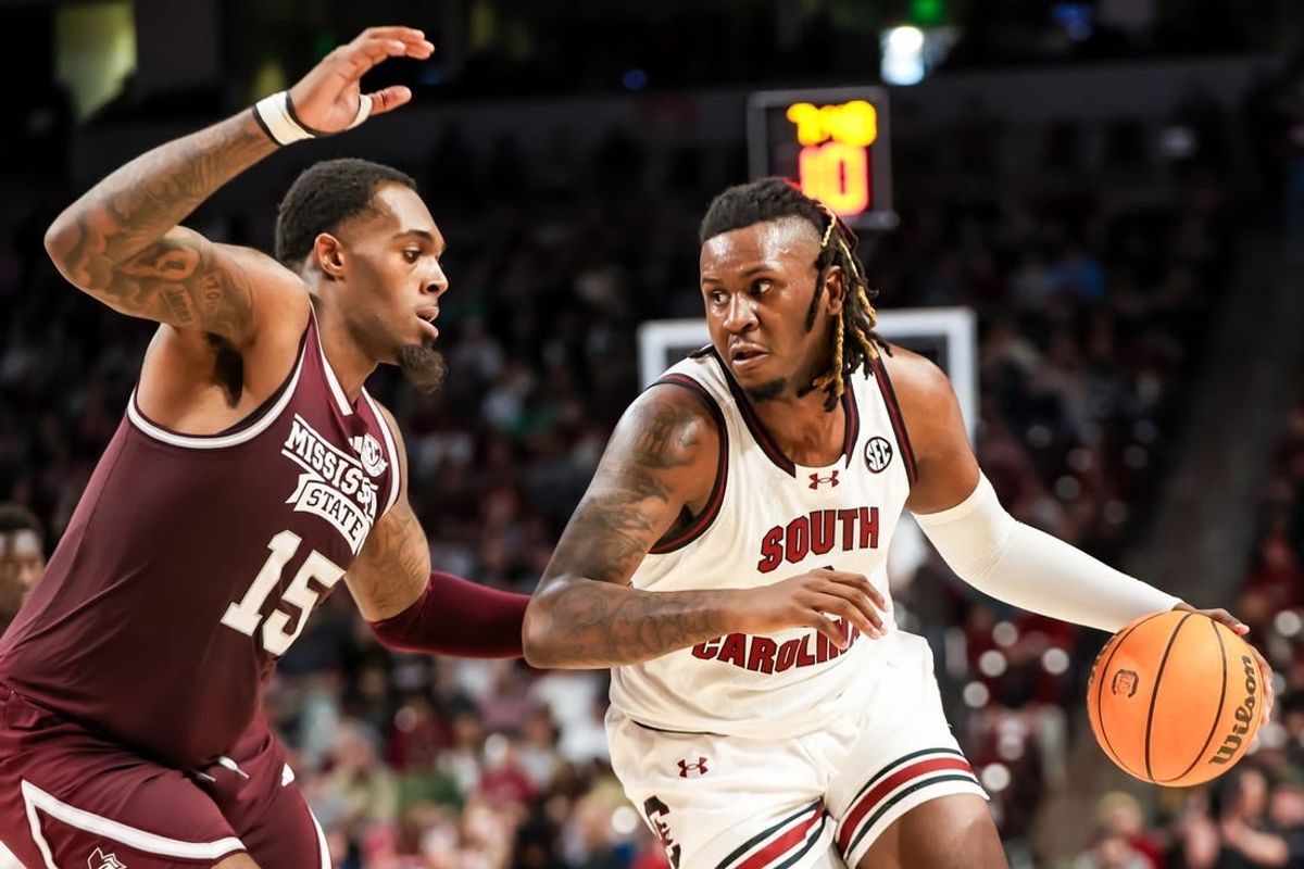Jan 6, 2024; Columbia, South Carolina, USA; South Carolina Gamecocks forward B.J. Mack (2) drives around Mississippi State Bulldogs forward Jimmy Bell Jr. (15) in the first half at Colonial Life Arena.
