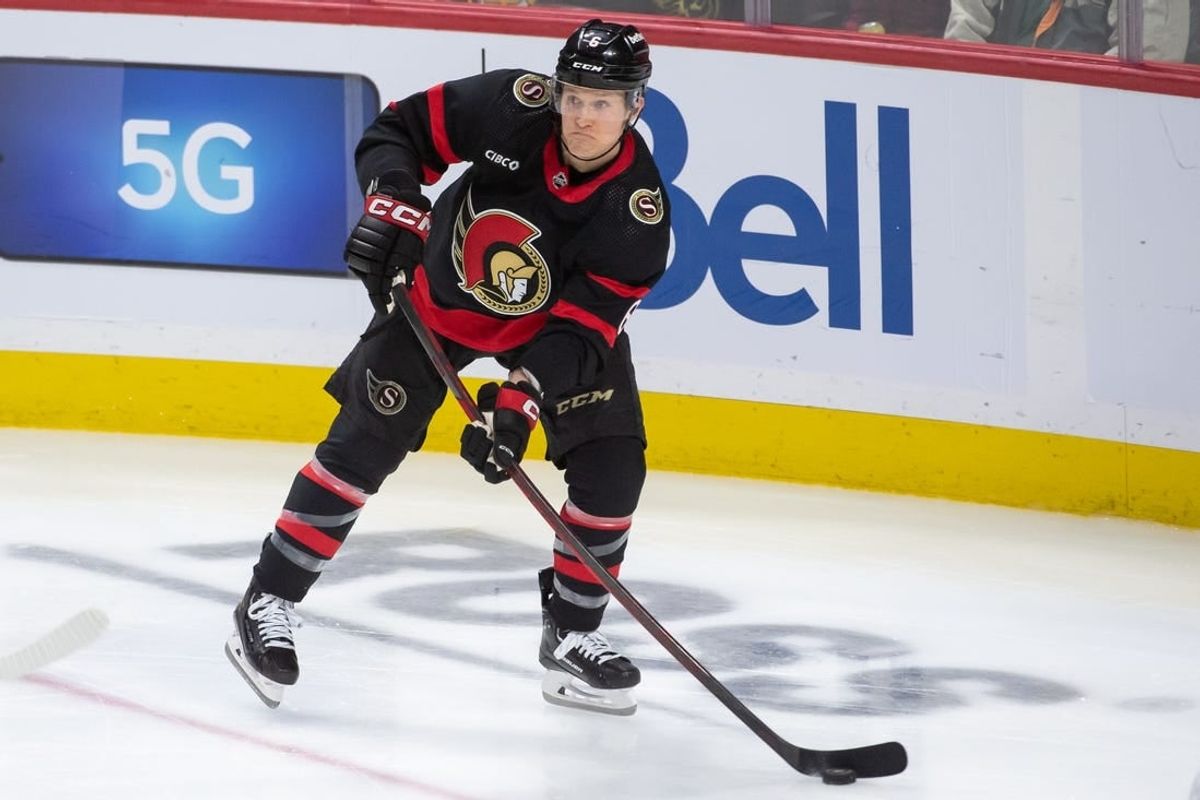 Jan 25, 2024; Ottawa, Ontario, CAN; Ottawa Senators defenseman Jakob Chychrun (6) shoots the puck in the third period against the Boston Bruins at the Canadian Tire Centre.
