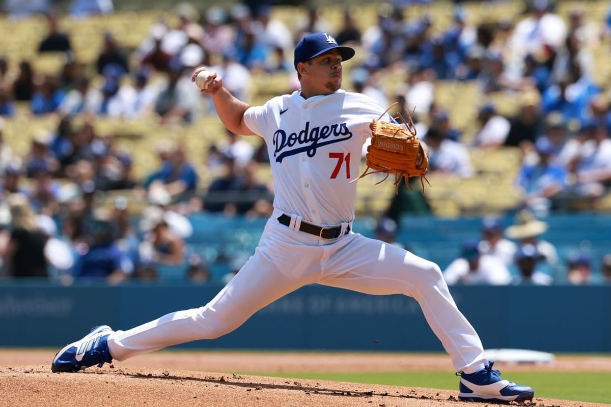 May 8, 2024; Los Angeles, California, USA;  Los Angeles Dodgers pitcher Gavin Stone (71) pitches during the first inning against the Miami Marlins at Dodger Stadium.