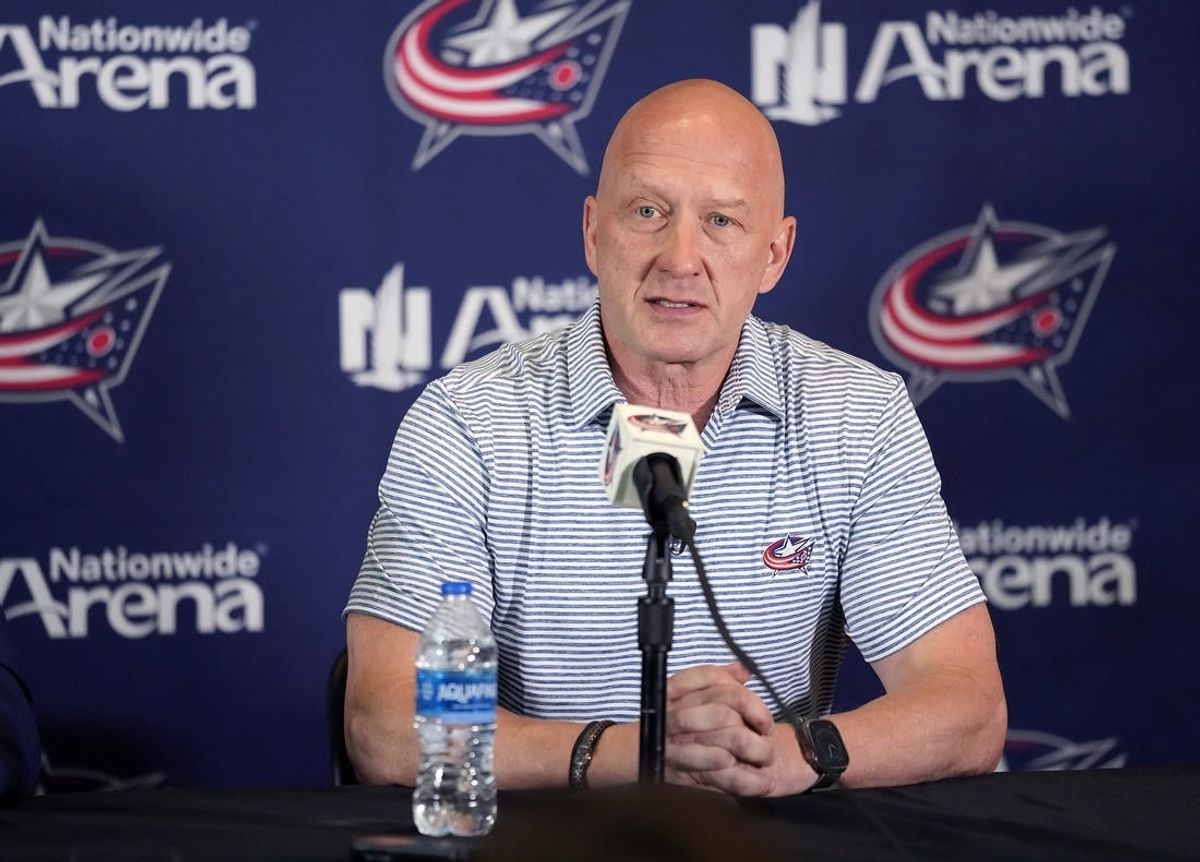 Jul 1, 2023; Columbus, OH, USA; Columbus Blue Jackets General Manager Jarmo Kekalainen speaks after hiring Mike Babcock as the new head coach during a press conference at Nationwide Arena.